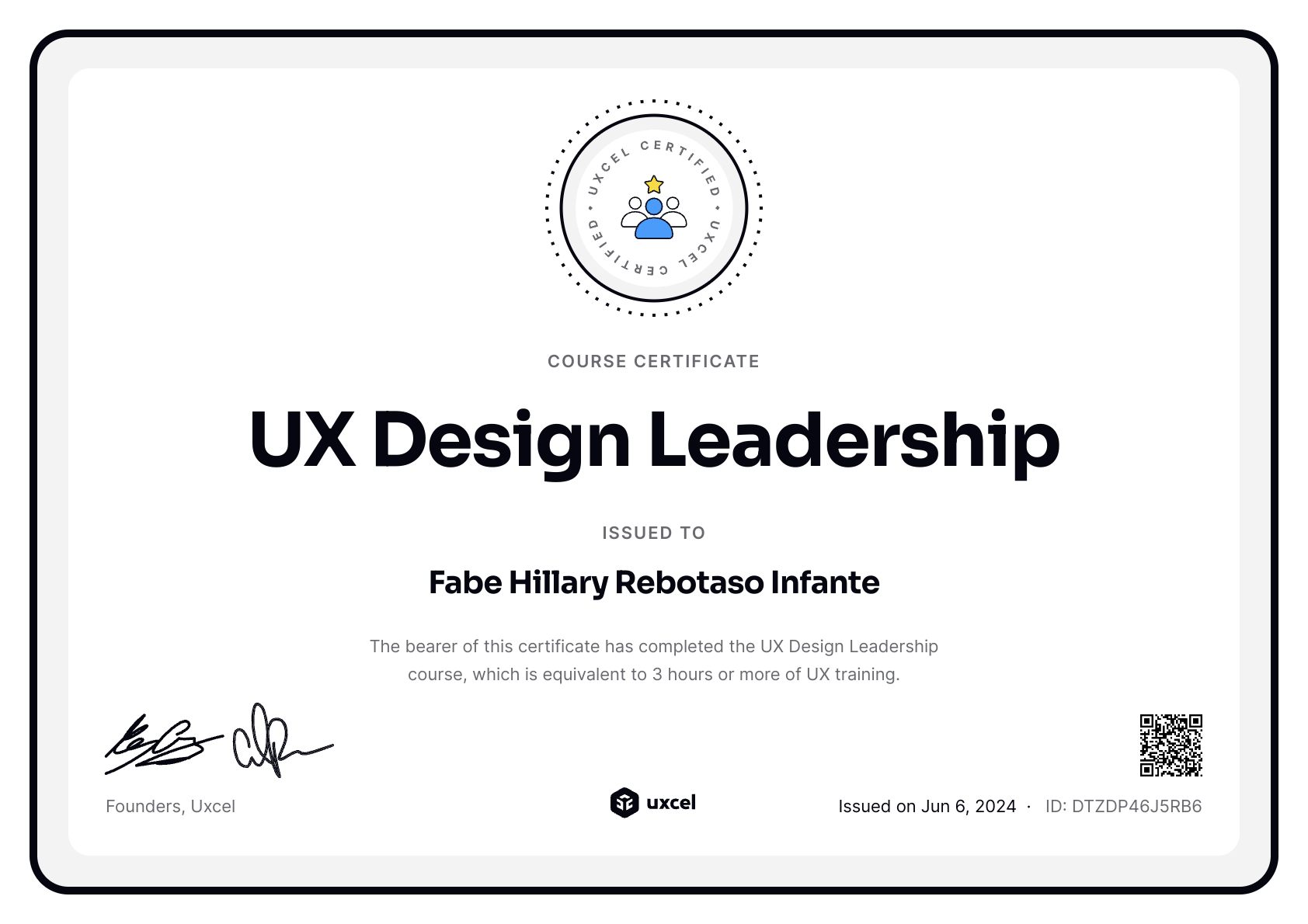 Fabe Hillary Rebotaso Infante's certificate